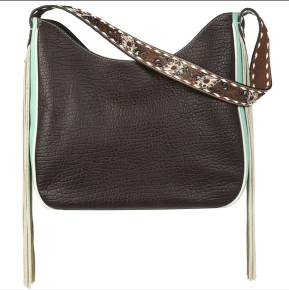 NWT Ariat Monroe brown Tiffany blue leather fringe shoulder bag purse - Picture 5 of 7